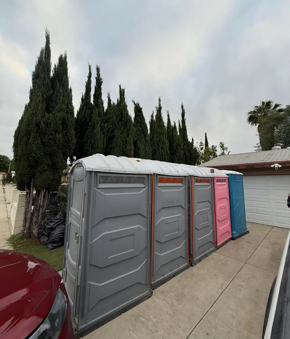 Restroom trailer with open door and steps